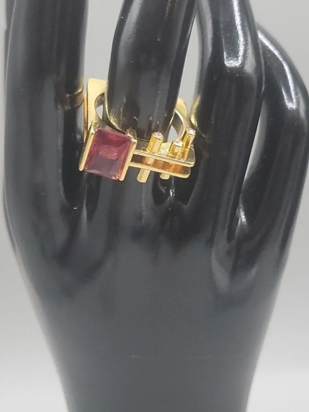 VTG Gold Vermeil Geometric Statement Ring Emerald Cut Pink Red Crystal 925 8.6